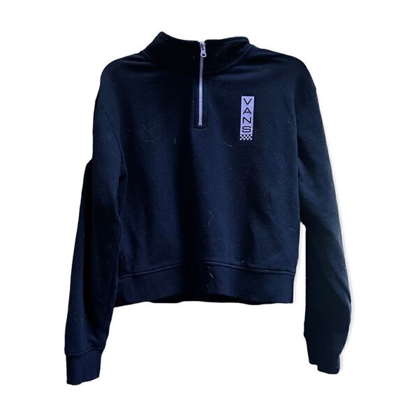VANS QUARTER ZIP MOCK NECK CROP FIT LONG SLEEVE SWEATSHIRT JUNIOR BLACK PURPLE M - Picture 2 of 5